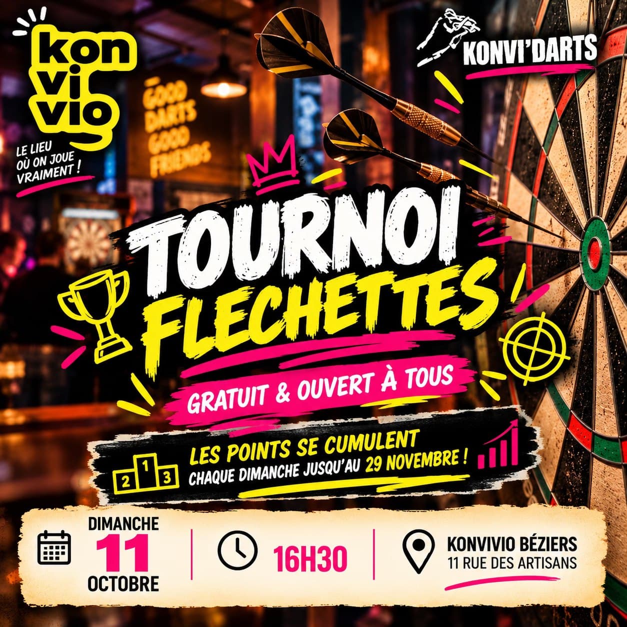 Affiche : TOURNOI DE FLÉCHETTES – LA COMPÉTITION CONTINUE !