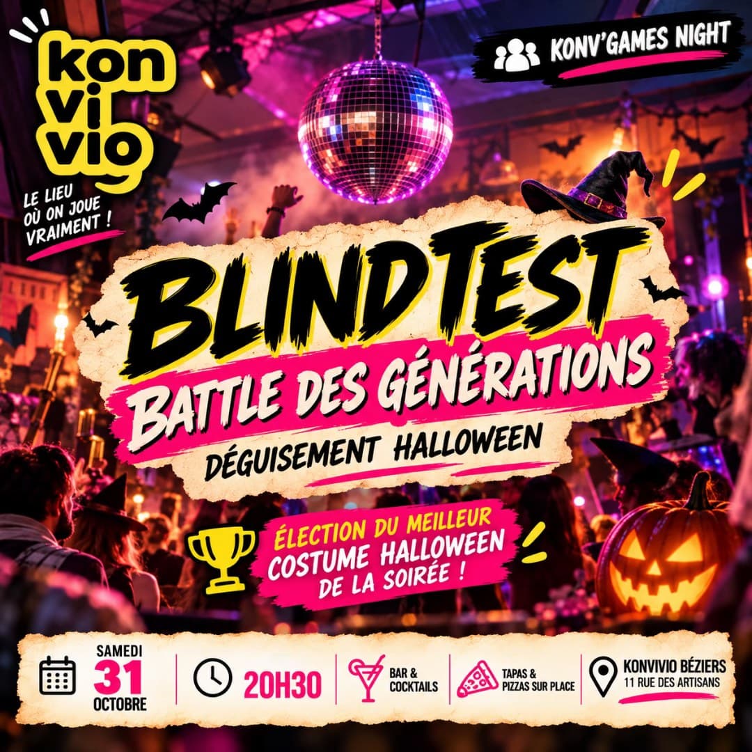 Affiche : BLIND TEST BATTLE DES GÉNÉRATIONS – SPÉCIAL HALLOWEEN !