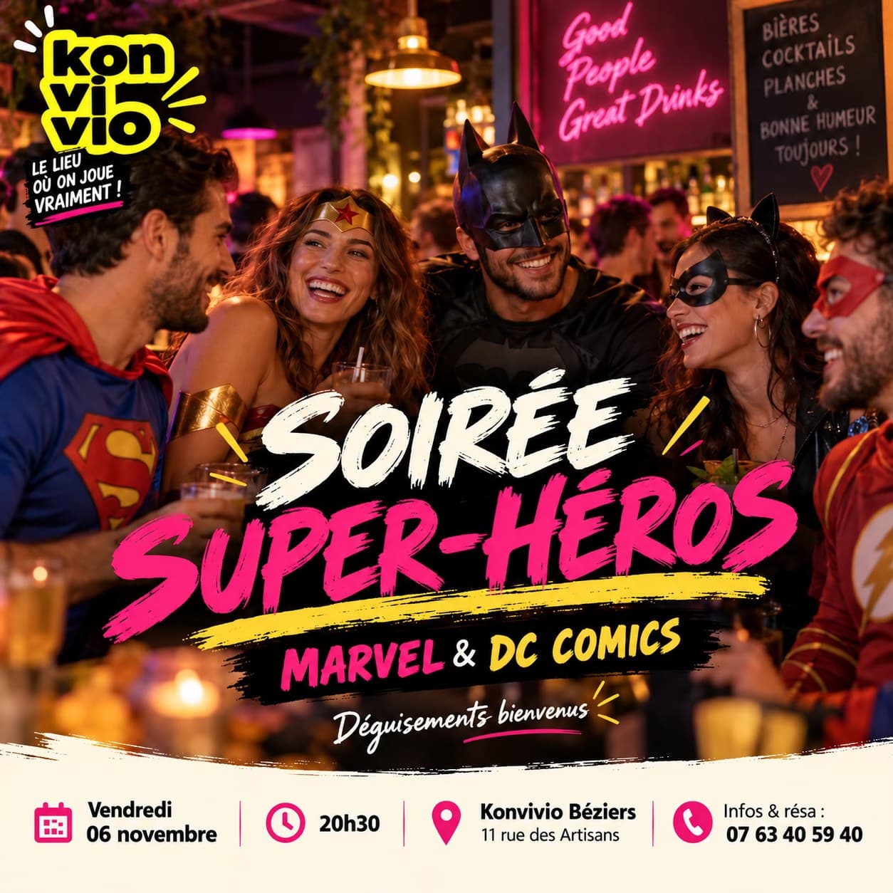 Affiche : SOIRÉE SUPER-HÉROS MARVEL & DC COMICS 💥 | JEUX, DÉFIS